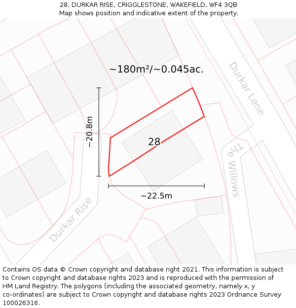 28, DURKAR RISE, CRIGGLESTONE, WAKEFIELD, WF4 3QB: Plot and title map