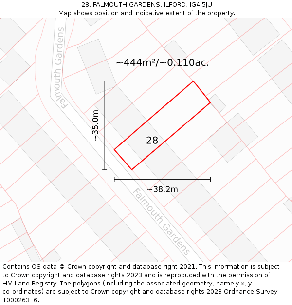 28, FALMOUTH GARDENS, ILFORD, IG4 5JU: Plot and title map