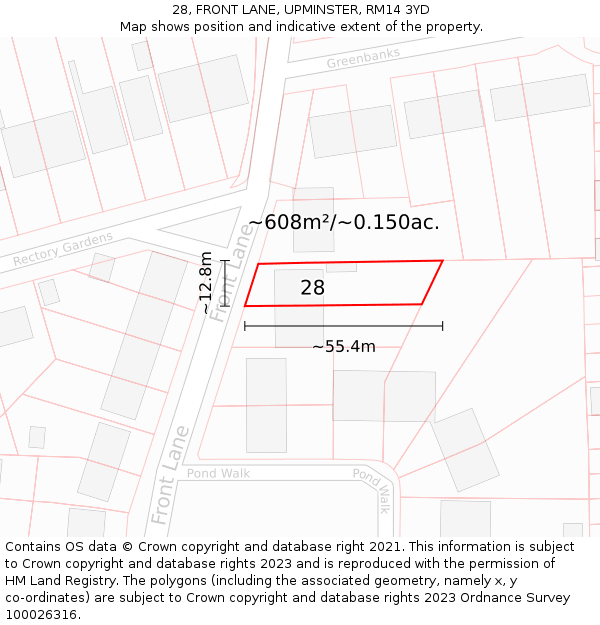 28, FRONT LANE, UPMINSTER, RM14 3YD: Plot and title map