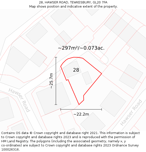28, HAWSER ROAD, TEWKESBURY, GL20 7FA: Plot and title map