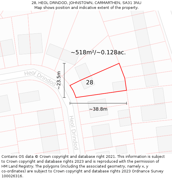 28, HEOL DRINDOD, JOHNSTOWN, CARMARTHEN, SA31 3NU: Plot and title map