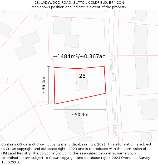28, LADYWOOD ROAD, SUTTON COLDFIELD, B74 2QN: Plot and title map