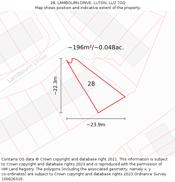 28, LAMBOURN DRIVE, LUTON, LU2 7GQ: Plot and title map