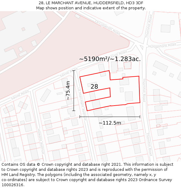 28, LE MARCHANT AVENUE, HUDDERSFIELD, HD3 3DF: Plot and title map