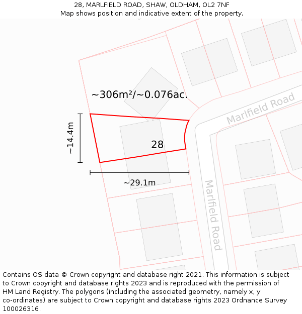 28, MARLFIELD ROAD, SHAW, OLDHAM, OL2 7NF: Plot and title map