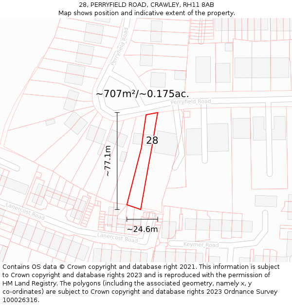 28, PERRYFIELD ROAD, CRAWLEY, RH11 8AB: Plot and title map