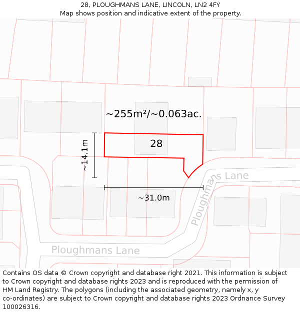 28, PLOUGHMANS LANE, LINCOLN, LN2 4FY: Plot and title map