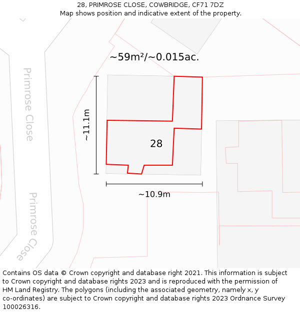 28, PRIMROSE CLOSE, COWBRIDGE, CF71 7DZ: Plot and title map
