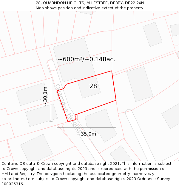 28, QUARNDON HEIGHTS, ALLESTREE, DERBY, DE22 2XN: Plot and title map