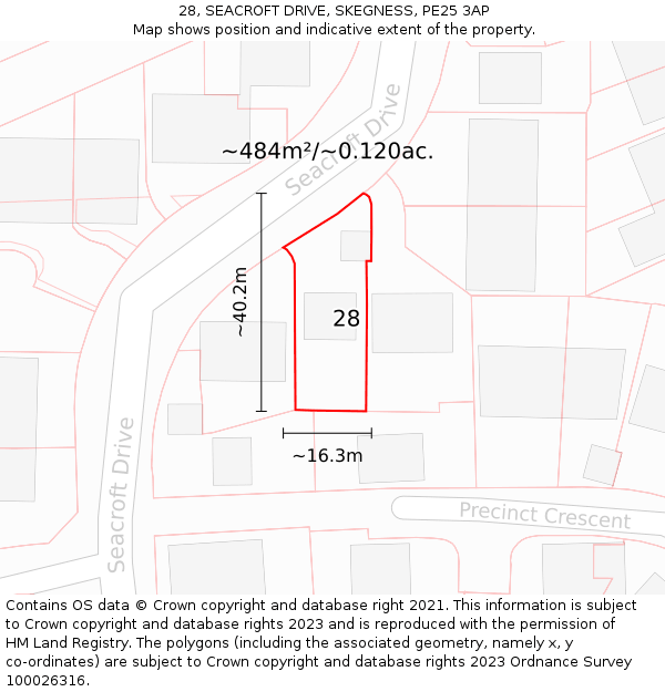 28, SEACROFT DRIVE, SKEGNESS, PE25 3AP: Plot and title map