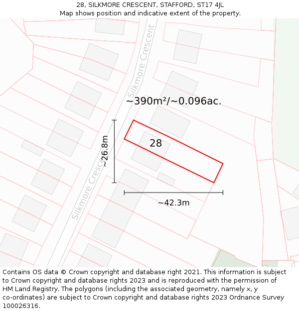 28, SILKMORE CRESCENT, STAFFORD, ST17 4JL: Plot and title map