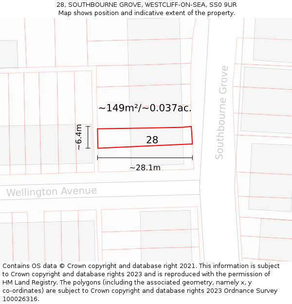 28, SOUTHBOURNE GROVE, WESTCLIFF-ON-SEA, SS0 9UR: Plot and title map