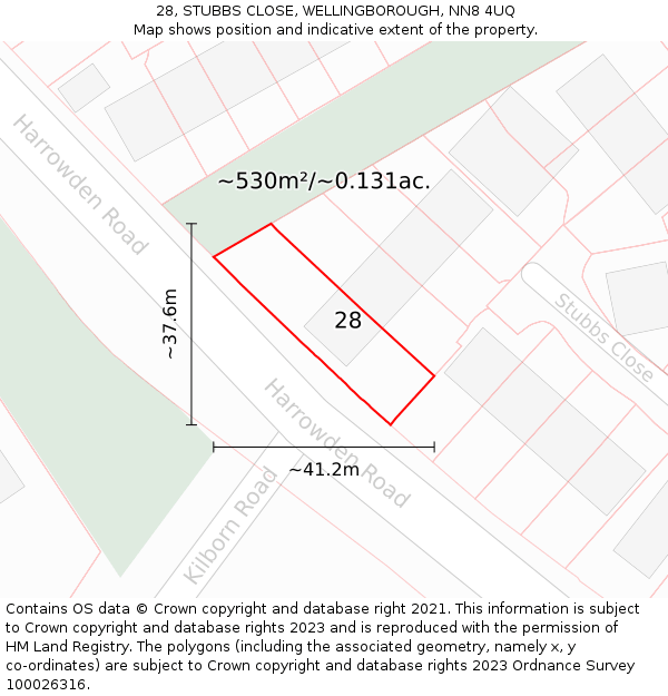 28, STUBBS CLOSE, WELLINGBOROUGH, NN8 4UQ: Plot and title map