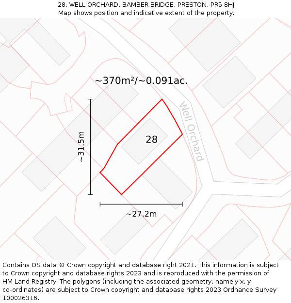 28, WELL ORCHARD, BAMBER BRIDGE, PRESTON, PR5 8HJ: Plot and title map