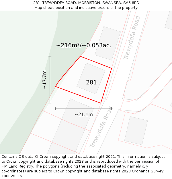 281, TREWYDDFA ROAD, MORRISTON, SWANSEA, SA6 8PD: Plot and title map
