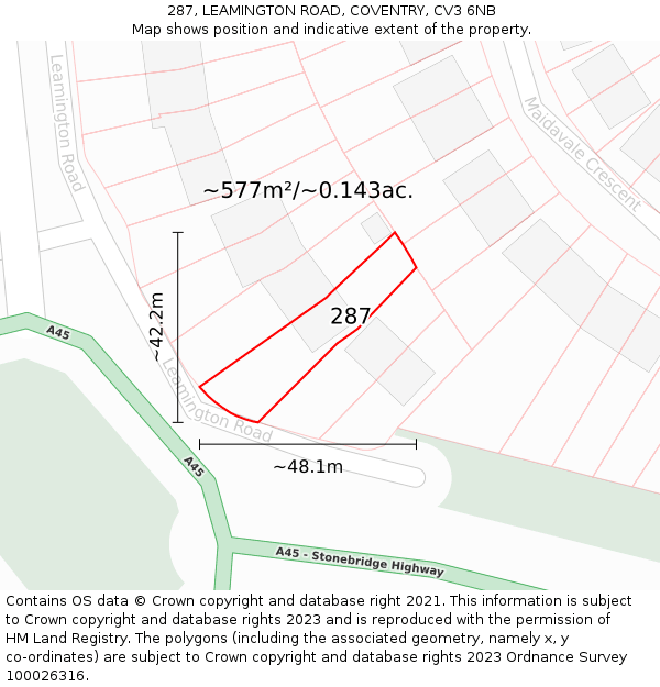287, LEAMINGTON ROAD, COVENTRY, CV3 6NB: Plot and title map