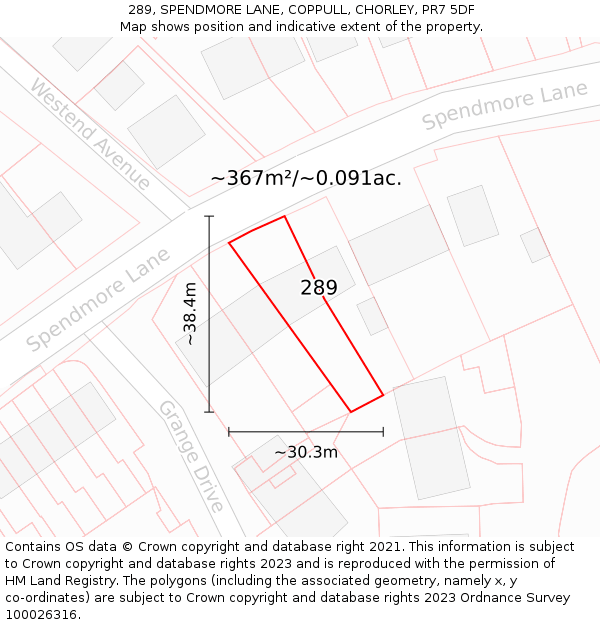 289, SPENDMORE LANE, COPPULL, CHORLEY, PR7 5DF: Plot and title map