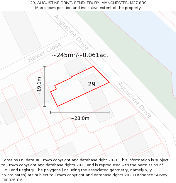 29, AUGUSTINE DRIVE, PENDLEBURY, MANCHESTER, M27 8BS: Plot and title map