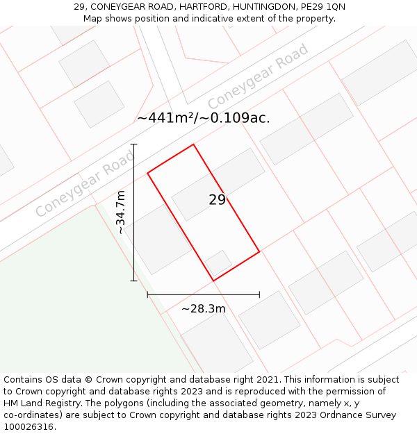 29, CONEYGEAR ROAD, HARTFORD, HUNTINGDON, PE29 1QN: Plot and title map