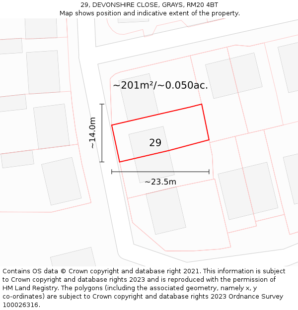 29, DEVONSHIRE CLOSE, GRAYS, RM20 4BT: Plot and title map