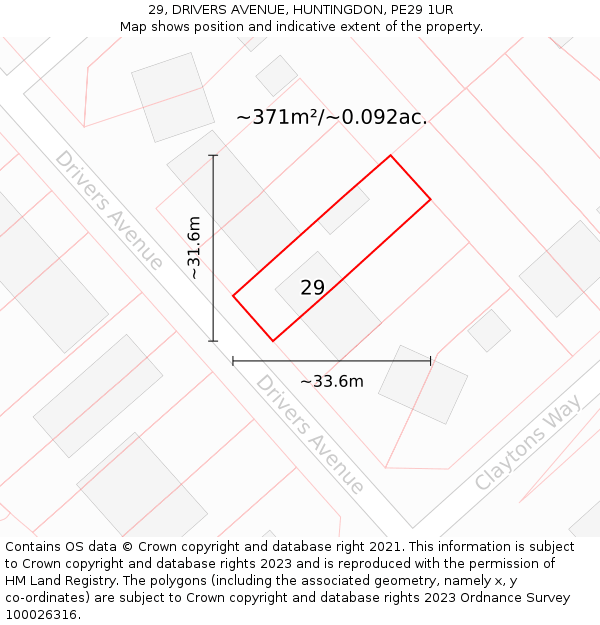 29, DRIVERS AVENUE, HUNTINGDON, PE29 1UR: Plot and title map
