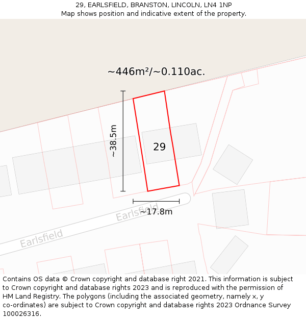 29, EARLSFIELD, BRANSTON, LINCOLN, LN4 1NP: Plot and title map