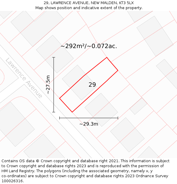 29, LAWRENCE AVENUE, NEW MALDEN, KT3 5LX: Plot and title map