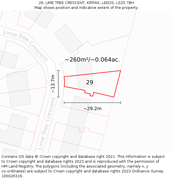 29, LIME TREE CRESCENT, KIPPAX, LEEDS, LS25 7BH: Plot and title map