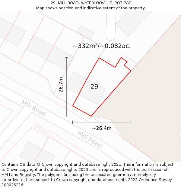 29, MILL ROAD, WATERLOOVILLE, PO7 7AP: Plot and title map