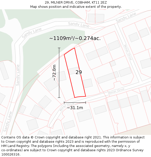 29, MILNER DRIVE, COBHAM, KT11 2EZ: Plot and title map