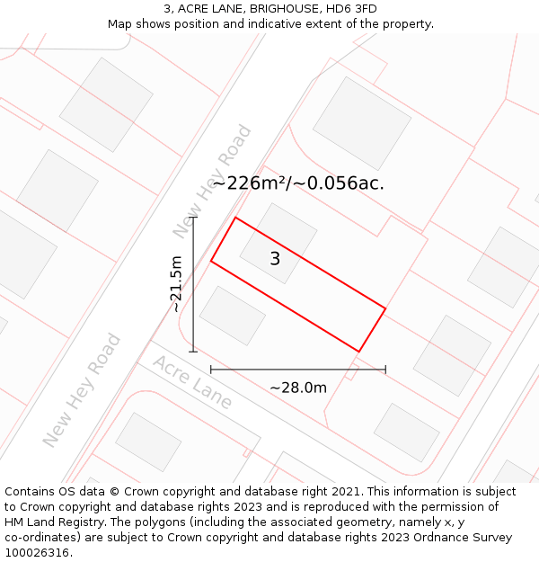 3, ACRE LANE, BRIGHOUSE, HD6 3FD: Plot and title map