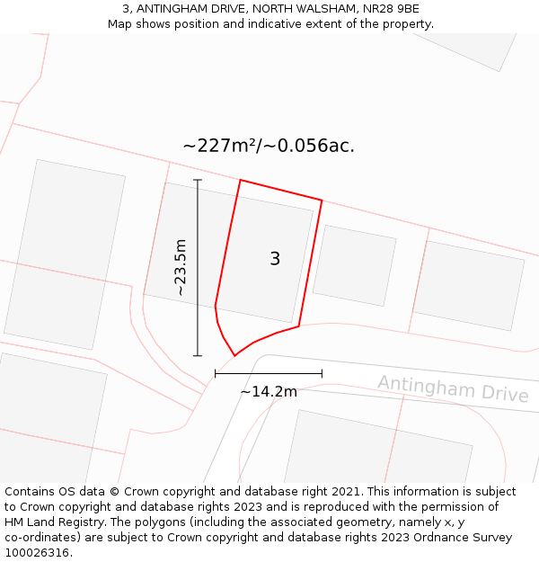 3, ANTINGHAM DRIVE, NORTH WALSHAM, NR28 9BE: Plot and title map