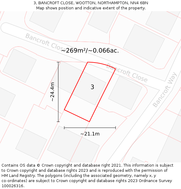 3, BANCROFT CLOSE, WOOTTON, NORTHAMPTON, NN4 6BN: Plot and title map