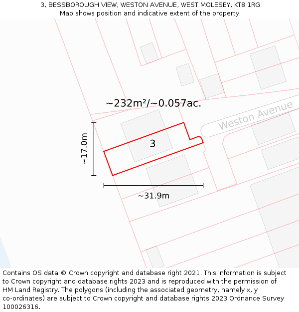 3, BESSBOROUGH VIEW, WESTON AVENUE, WEST MOLESEY, KT8 1RG: Plot and title map