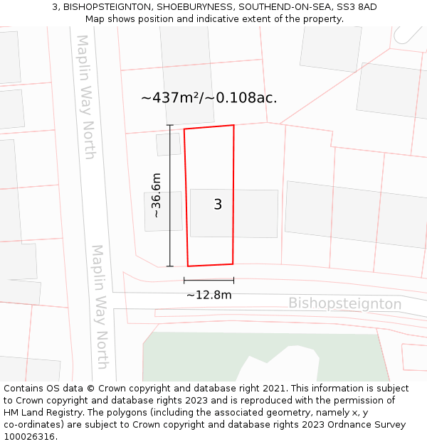 3, BISHOPSTEIGNTON, SHOEBURYNESS, SOUTHEND-ON-SEA, SS3 8AD: Plot and title map
