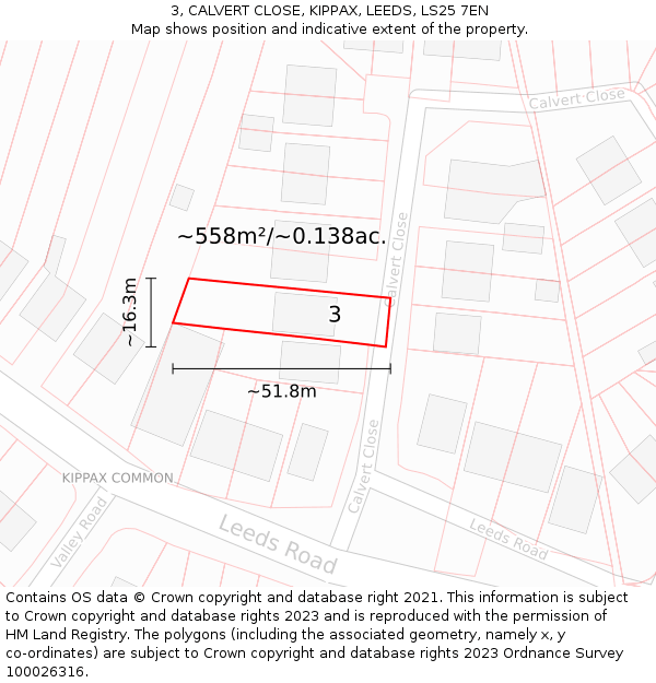 3, CALVERT CLOSE, KIPPAX, LEEDS, LS25 7EN: Plot and title map