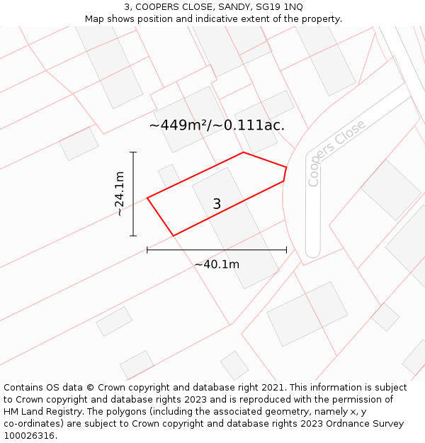 3, COOPERS CLOSE, SANDY, SG19 1NQ: Plot and title map