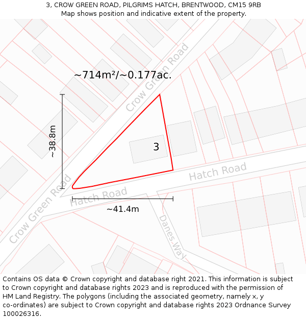 3, CROW GREEN ROAD, PILGRIMS HATCH, BRENTWOOD, CM15 9RB: Plot and title map