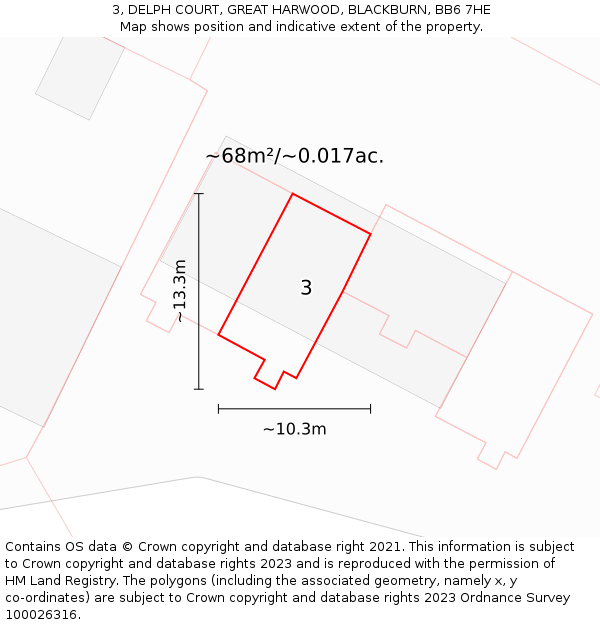 3, DELPH COURT, GREAT HARWOOD, BLACKBURN, BB6 7HE: Plot and title map