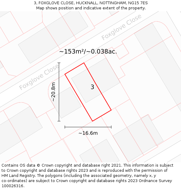3, FOXGLOVE CLOSE, HUCKNALL, NOTTINGHAM, NG15 7ES: Plot and title map