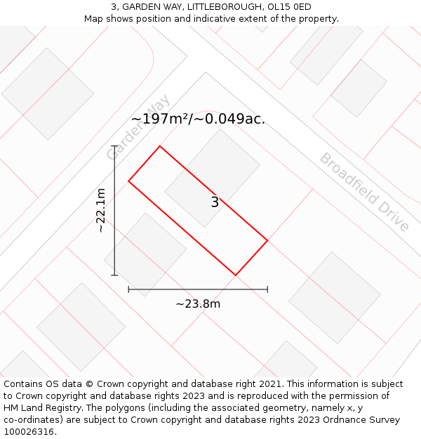 3, GARDEN WAY, LITTLEBOROUGH, OL15 0ED: Plot and title map