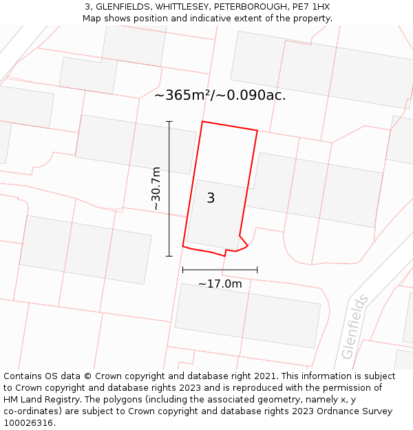 3, GLENFIELDS, WHITTLESEY, PETERBOROUGH, PE7 1HX: Plot and title map