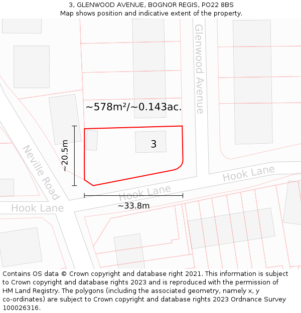 3, GLENWOOD AVENUE, BOGNOR REGIS, PO22 8BS: Plot and title map