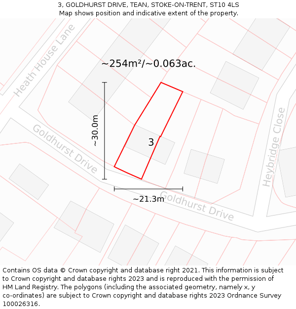 3, GOLDHURST DRIVE, TEAN, STOKE-ON-TRENT, ST10 4LS: Plot and title map