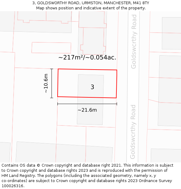 3, GOLDSWORTHY ROAD, URMSTON, MANCHESTER, M41 8TY: Plot and title map