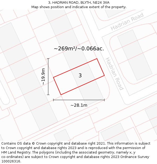 3, HADRIAN ROAD, BLYTH, NE24 3XA: Plot and title map