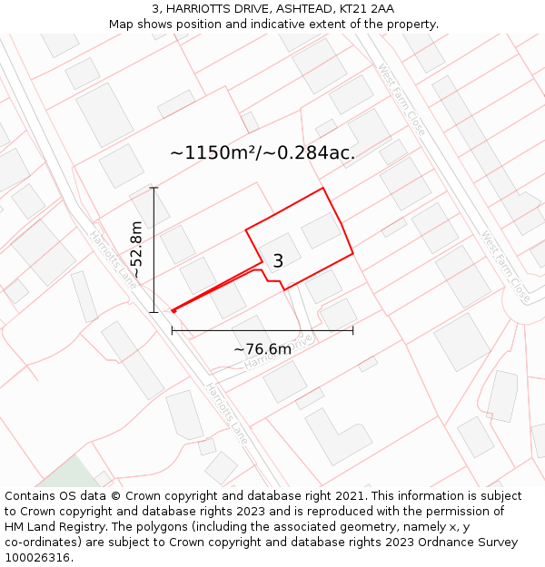 3, HARRIOTTS DRIVE, ASHTEAD, KT21 2AA: Plot and title map