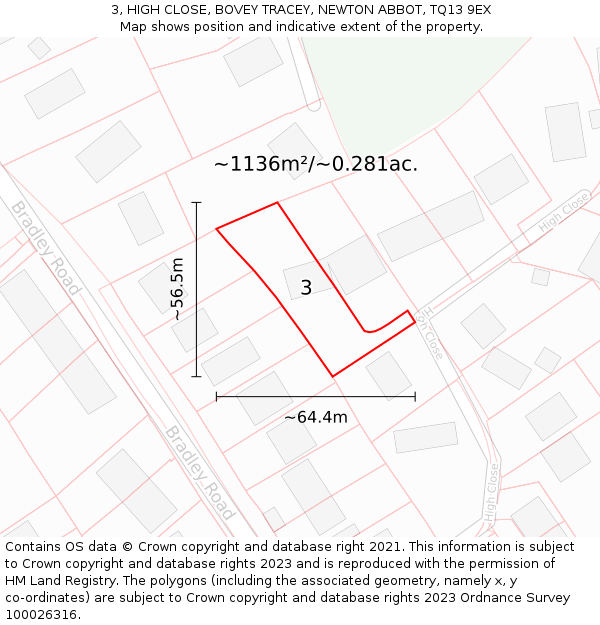 3, HIGH CLOSE, BOVEY TRACEY, NEWTON ABBOT, TQ13 9EX: Plot and title map