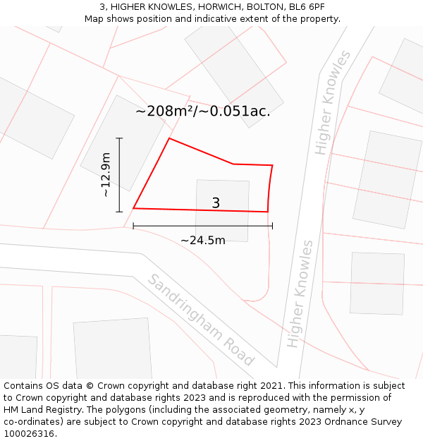 3, HIGHER KNOWLES, HORWICH, BOLTON, BL6 6PF: Plot and title map