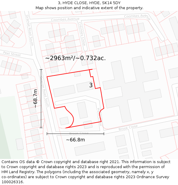 3, HYDE CLOSE, HYDE, SK14 5DY: Plot and title map